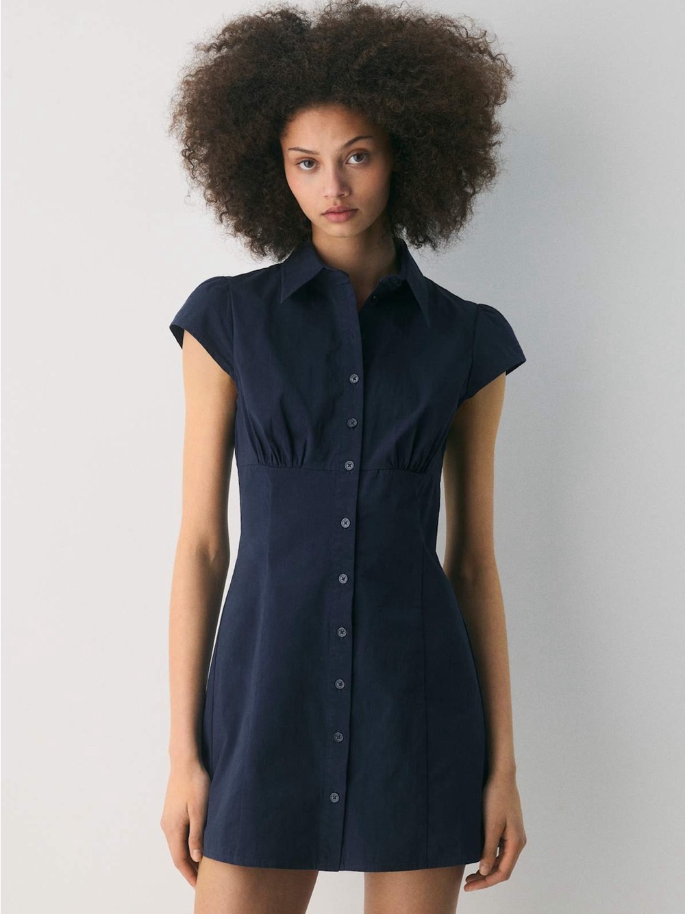 Aritzia Francoise Cotton Navy Collared Mini Dress Smocked Back Size L Cap Sleeve